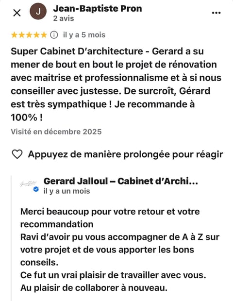 Avis Google 5 étoiles laissé par Jean-Baptiste Pron (capture d'écran)