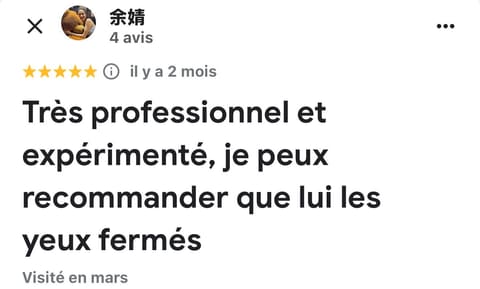 Avis Google 5 étoiles laissé par 余婧 (capture d'écran)