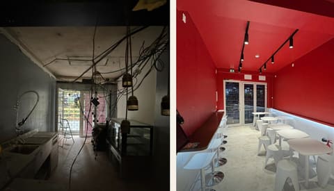 Restaurant japonais rue Lamartine : avant les travaux et salle livrée en rouge laqué